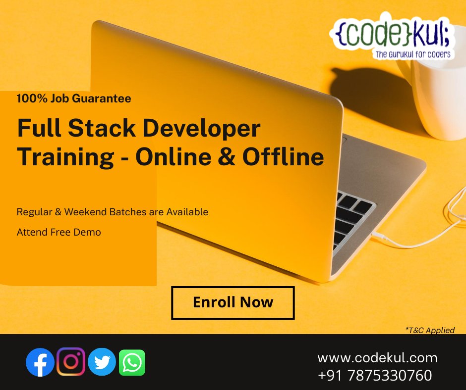 #jobguarantee #course #program at #Codekul 
Learn full stack development course from our enthusiastic trainers.
The new batch will start on 10th May 2022. 

#fullstack #fullstacktraining #onlinetraining #CLASSROOMTRAINING #classroomcourses #courses2022 #freshers #MCA #individuals