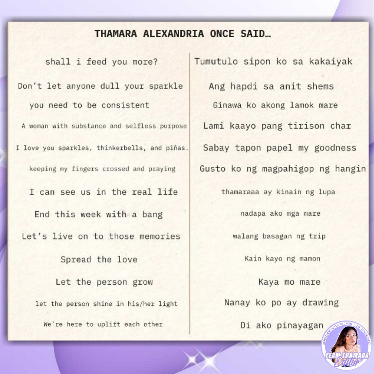 _TThamaraeditor's tweet photo. Tag Booster | Part Five - Thamara famous lines and tweets.

THAMARA FOR PBBWILDCARD https://t.co/pWKqlI9HoO
