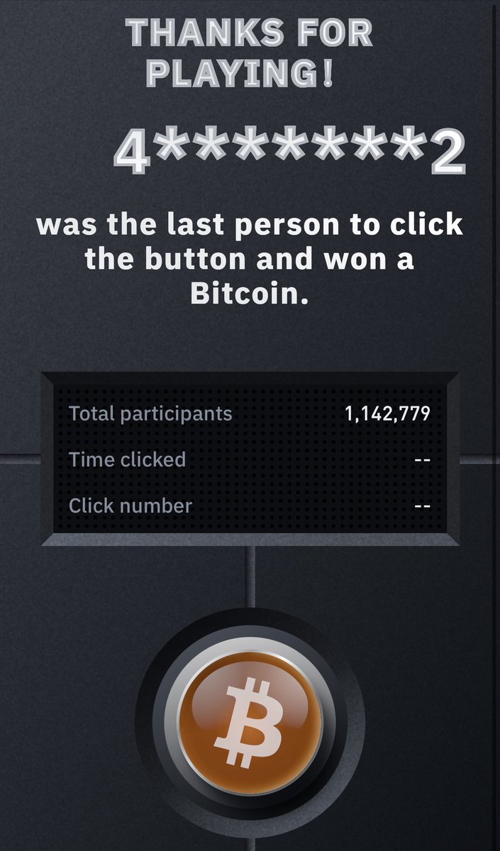 UpsideMediaoff's tweet photo. Ça y est, après 1.142.779 tentatives, un heureux gagnant repart avec un #Bitcoin entier grâce à Binance et son #BitcoinButton 

Et vous, que feriez-vous avec un Bitcoin entier ? https://t.co/DRvqWPSNI5