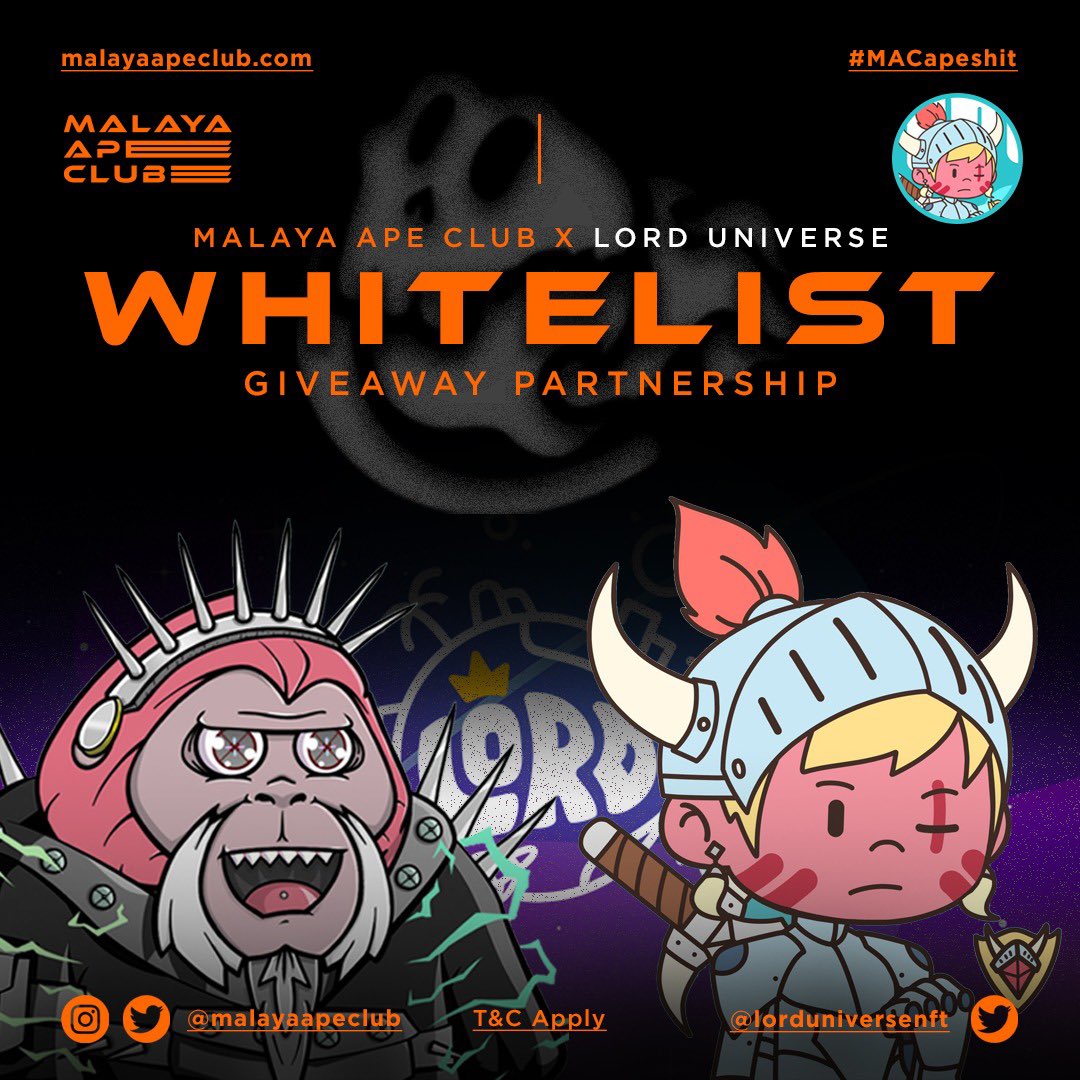 WHITELIST Giveaway
20 x WL for @lorduniversenft 🎁

To enter :
1. Follow @lorduniversenft &amp; <a href="/malayaapeclub/">Malaya Ape Club (MAC)</a>
2. ♥️ &amp; RT this post
3. Tag 3 friends
4. Join the Lorduniverse discord: discord.gg/lorduniverse 

24 hours. 20 winners.
