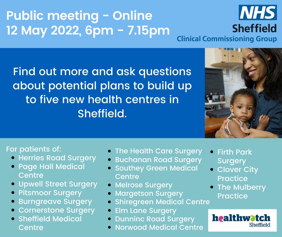 We’ve been asking people for their views on proposed new health centres in Sheffield. The deadline has now been extended to 15 May and we are holding an online public meeting to talk through plans on 12 May. More info and register here sheffieldccg.nhs.uk/get-involved/h…