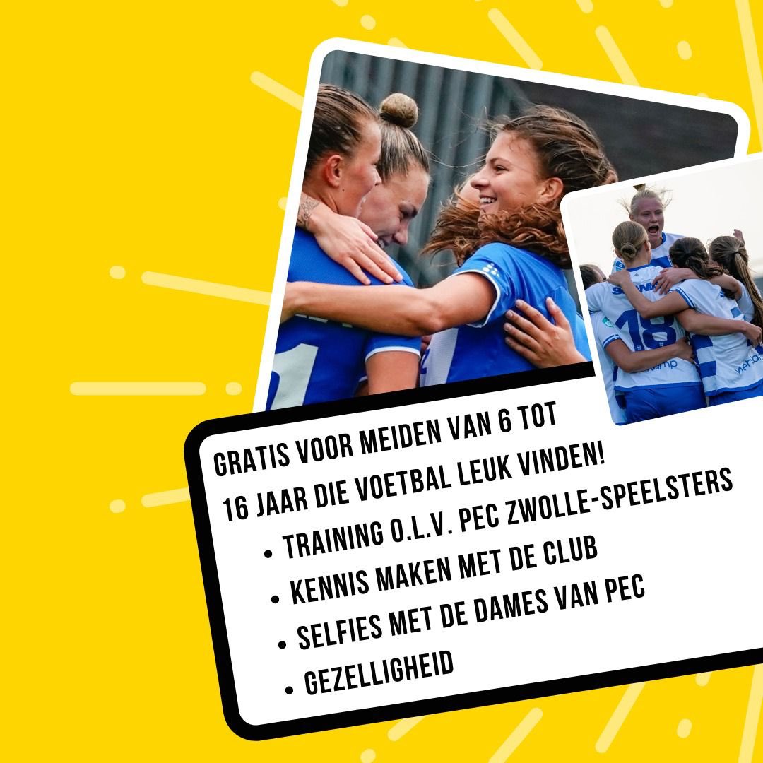 svzwollevoetbal's tweet photo. SV Zwolle organiseert op zaterdag 28 mei een meidendag. Ook speelsters van @PECVrouwen zijn van de partij! #meidenvoetbal #wittebroekgeletrui https://t.co/O3lGQvdfR7