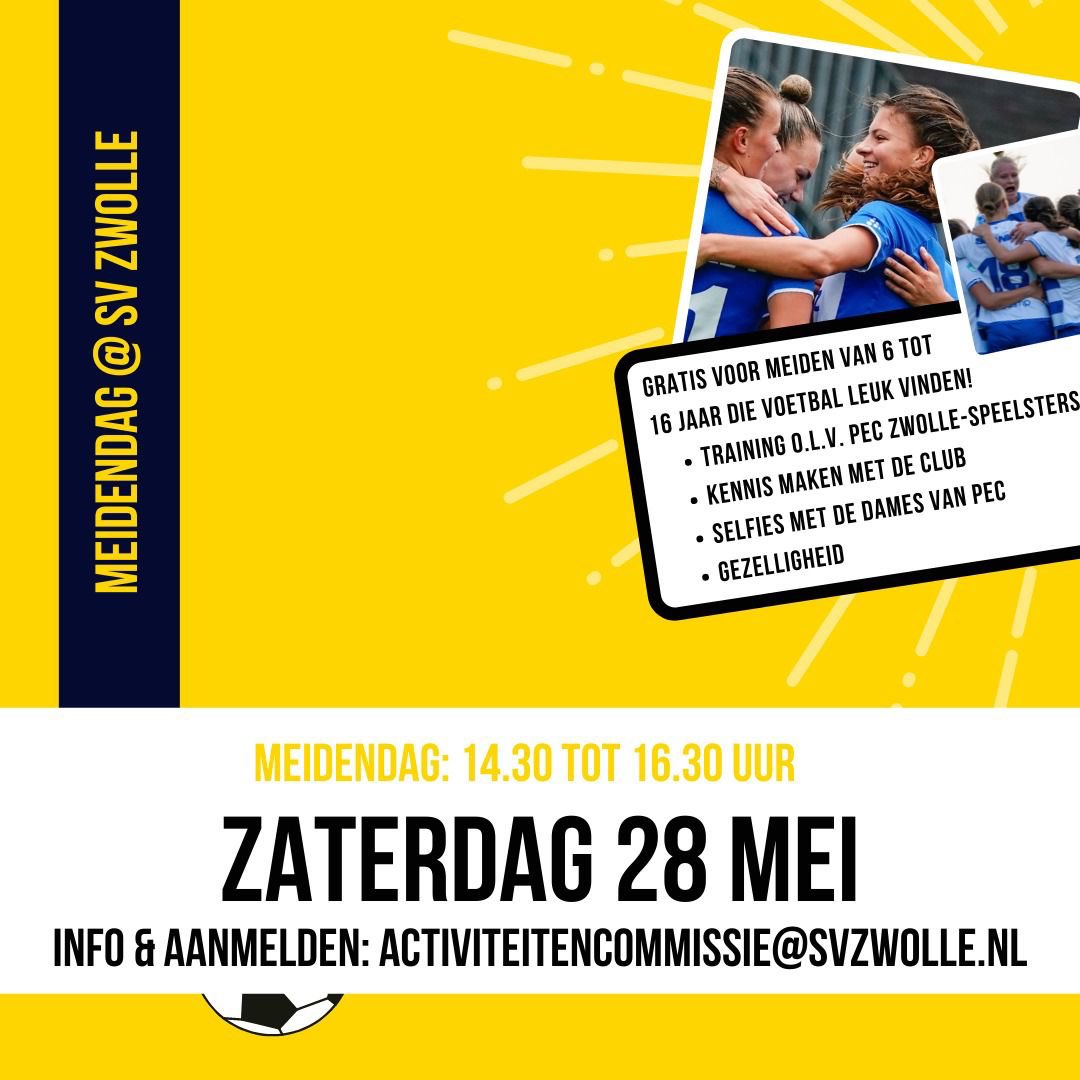 svzwollevoetbal's tweet photo. SV Zwolle organiseert op zaterdag 28 mei een meidendag. Ook speelsters van @PECVrouwen zijn van de partij! #meidenvoetbal #wittebroekgeletrui https://t.co/O3lGQvdfR7