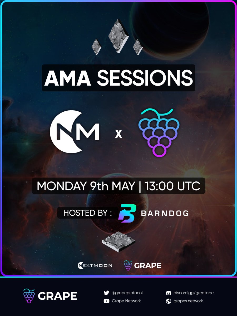 Monday at <a href="/grapeprotocol/">🍇 Grape Protocol</a> we welcome @nextmoonio to stage for an AMA to find out all about the project and what they are bringing to Solana.

<a href="/GrapeGamingSol/">Grape Gaming</a> is working hard to uncover these gems, with a live demo you can play and test now.  WL Spots 🌋
#itsGrape
<a href="/EventsGrape/">Grape Events🍇 🗓️</a>