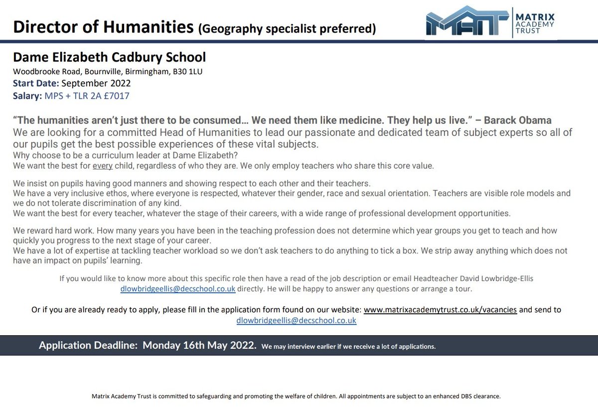 FollowDECTC's tweet photo. “The humanities aren’t just there to be consumed… We need them like medicine. They help us live.” – Barack Obama

We're looking for a talented geography teacher to join us as our new Director of Humanities.

Email or DM for info

#teaching #geographyteacher #humanities https://t.co/mneudP5O3x