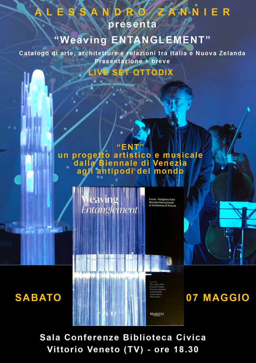 A_Zannier8Dix's tweet photo. Today in Vittorio Veneto start the Italian tour of presentations for "Weaving Entanglement"catalog and of my ENTproject(+ Ottodix live set). In autumn in New Zealand, at the Venice Biennale 2022 and in New York. #ENTproject #alessandrozannier #contemporaryart https://t.co/9MCZWxUmFf
