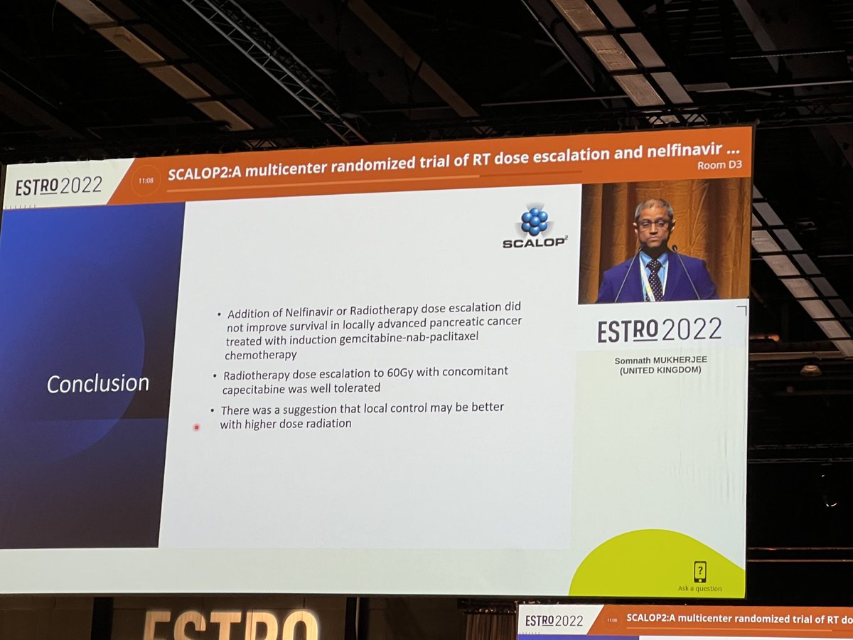 Dose escalation to 60Gy in 30 fr didn’t improve PFS or OS in pancreatic cancer. May be not enough dose and need higher with hypofractionation? #estro2022