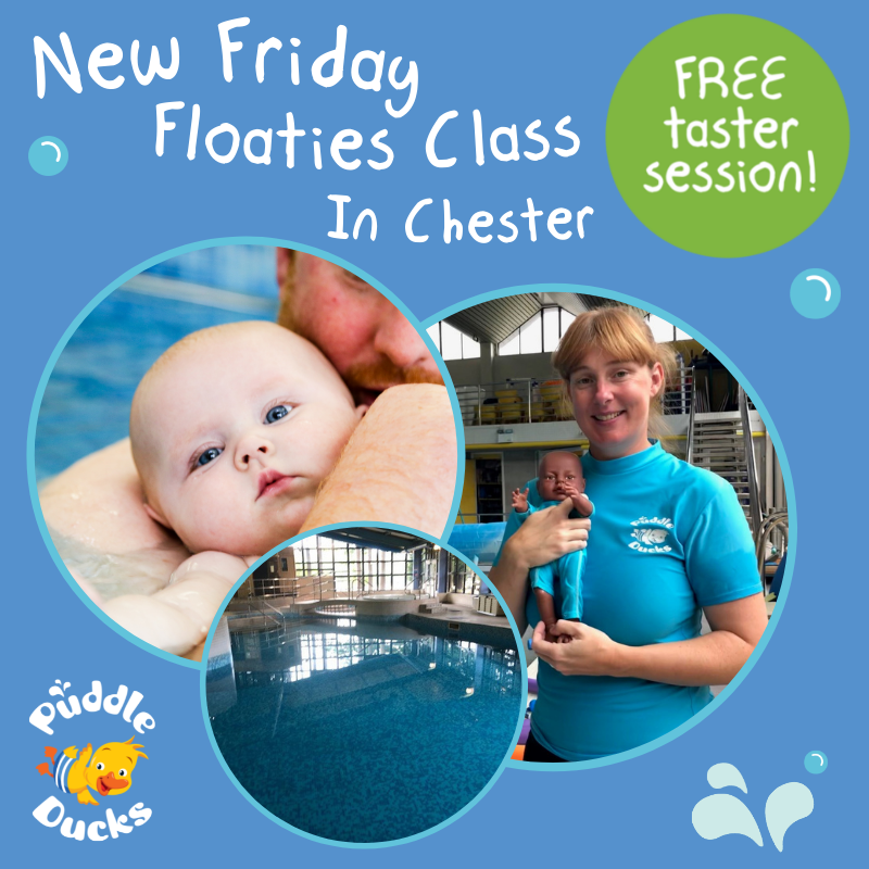 💦Baby Swimming News Splash💦  
🐣FREE NEW FLOATIES CLASS TASTER SESSION IN CHESTER!🐣
⏰New class starting from Friday 11.30am 13th May 
✅Suitable for babies from birth to 6 months old
📍Mercure Abbots Well Hotel, Christleton Chester
💻Book your space:Chester@puddleducks.com