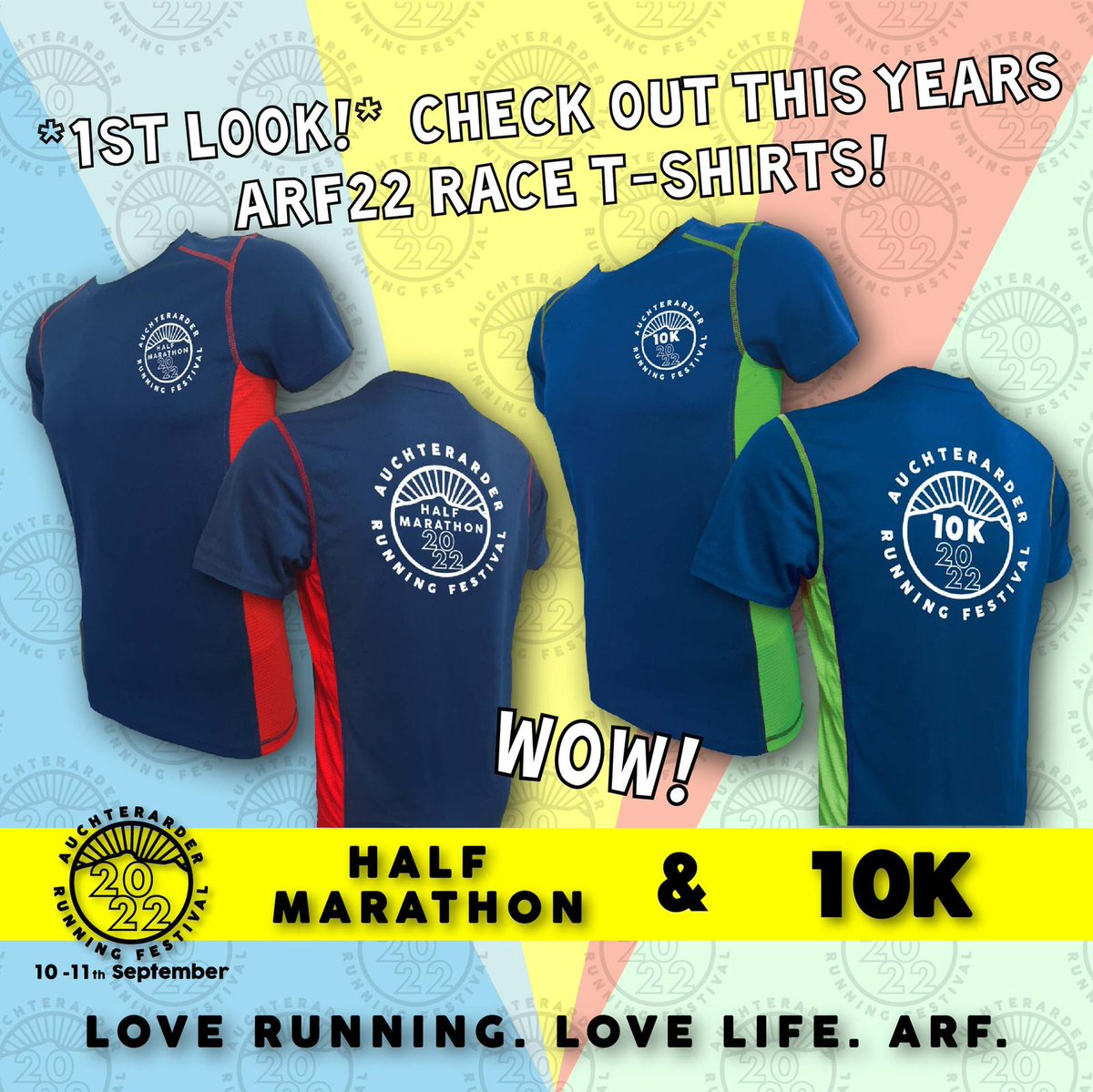 AuchterarderRun's tweet photo. OUR 2022 RACE T-SHIRTS - 1ST LOOK ❤️💙💚
We normally wait til near festival weekend before revealing the race t-shirts. But this year we're doing lots of things differently!
So here are your 2022 Auchterarder Half and 10k T-Shirt's
Entries are open now
https://t.co/oQ4Sn4Jc6d https://t.co/LUI6I2ZJQx