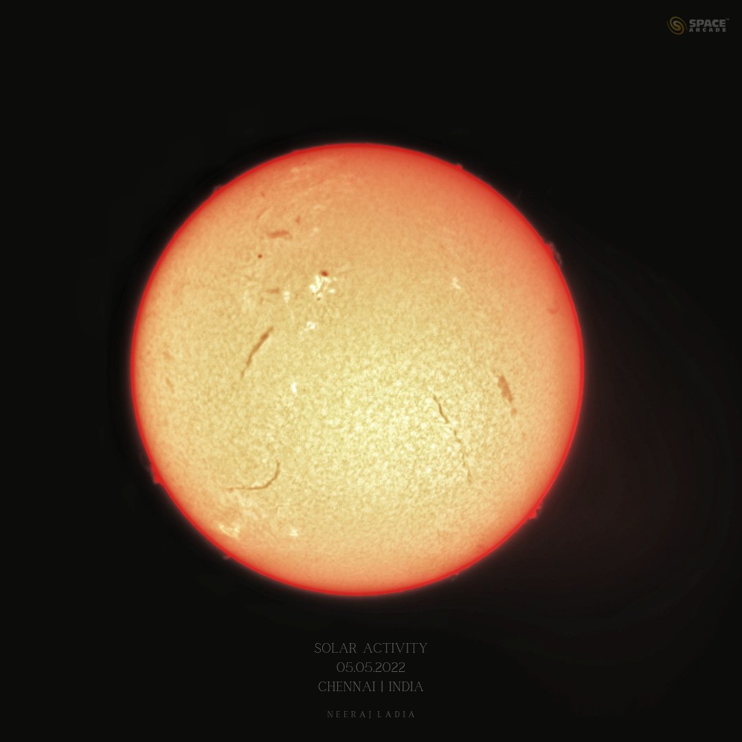 spacearcadeind's tweet photo. The Sun Today - Captured today on the 5th May 2022, the solar activity is very high which was clearly visible through the eyepiece with prominent sunspots, solar flares, filaments and granulation!
#fierysun #weirdsun #unexpectedsun #oursun #ourstar https://t.co/tHkXvrVfyA