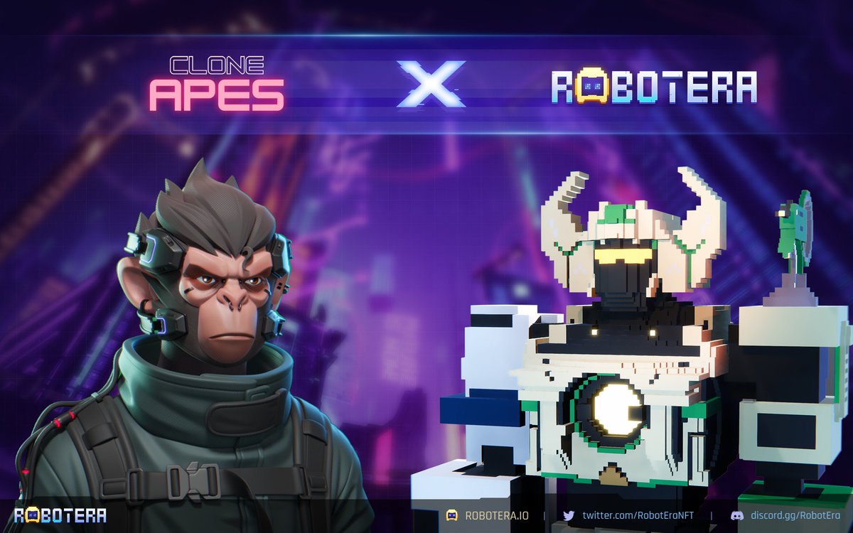 robotera_io's tweet photo. 🔥  Clone Apes x RobotEra🔥 
🎁  COLLAB #Giveaways

🏅 5x Clone Apes WL spots 
🏅 5x RobotEra WL spots 

1️⃣follow 
@cloneapesnft
 &amp; 
@RobotEraNFT

2️⃣RT &amp; Like
3️⃣Tag 3 friends
4️⃣Join in Discord https://t.co/baHsjTqHbj &amp; https://t.co/Kh9Ghq4TjX

#CloneApes #RobotEra #Whitelist https://t.co/xV8Hy1nLb6