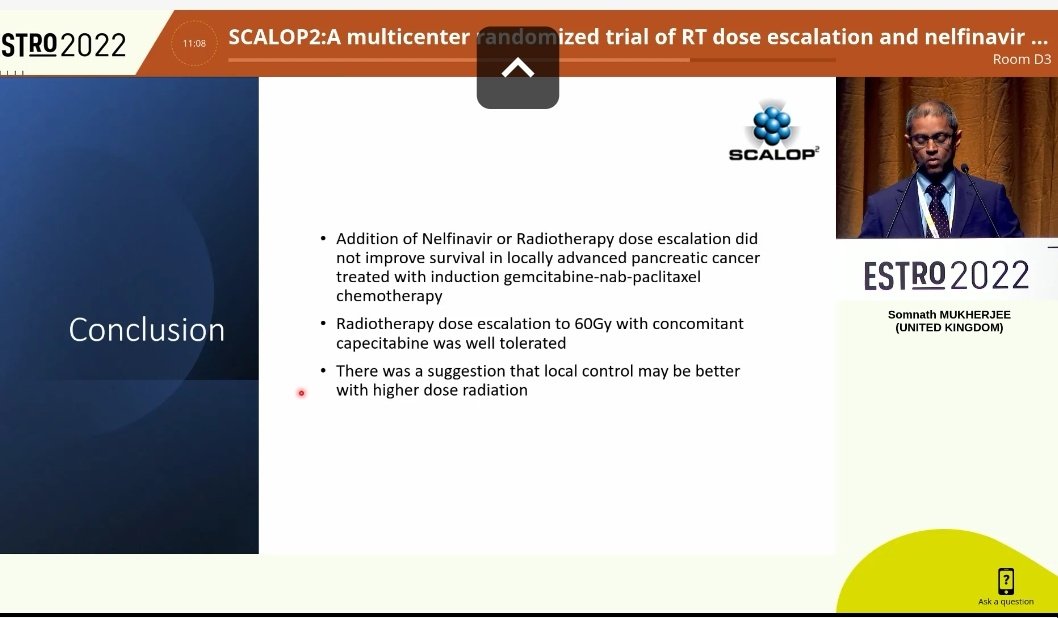 SCALOP2 trial in pancreatic ca
No benefit from dose escalation to 60Gy (conventional fractionation) or nelfinavir
Hypofractionation now?
#ESTRO2022