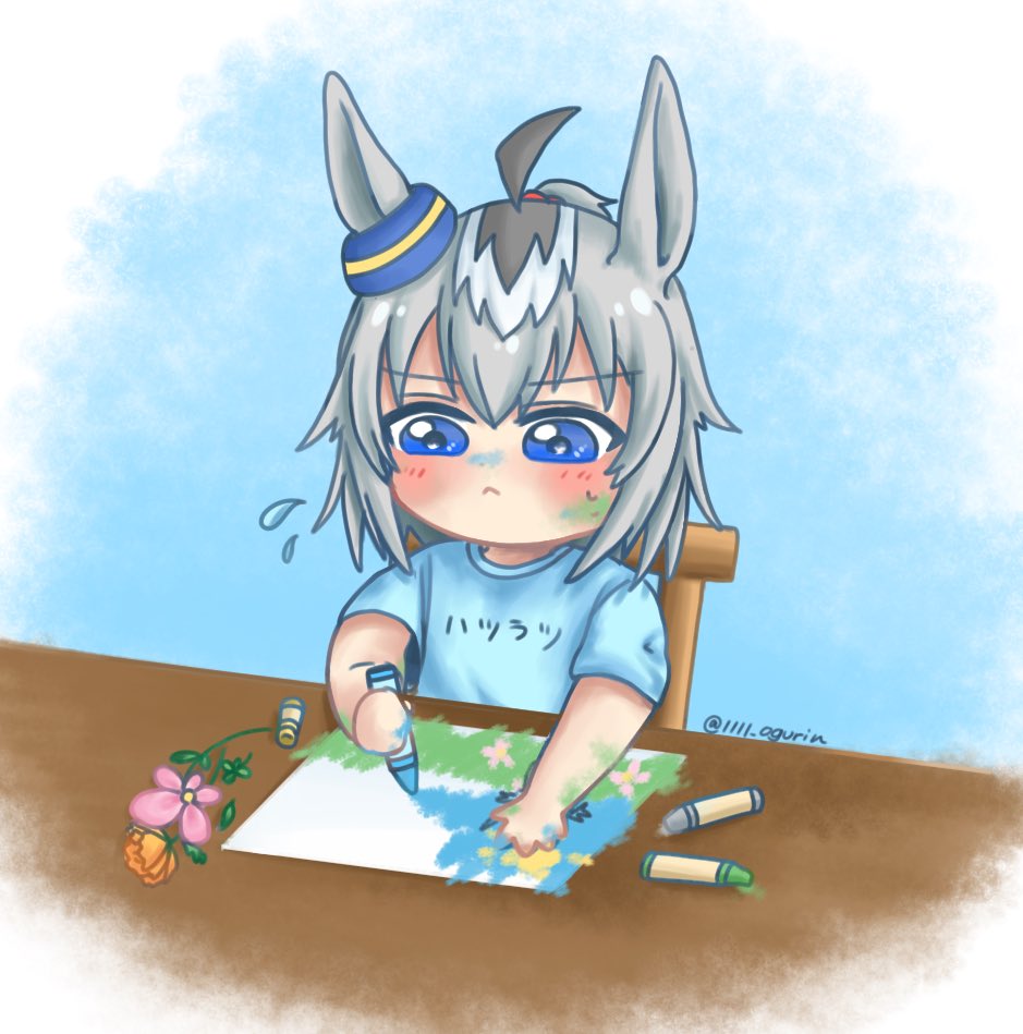 oguri cap (umamusume) 1girl horse ears solo animal ears shirt grey hair flying sweatdrops  illustration images