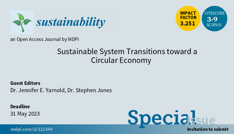 Sus_EB_MDPI's tweet photo. #Sustainability @Sus_MDPI
Glad to share a new special issue "Sustainable System Transitions toward a Circular Economy", edited by Dr. Jennifer E. Yarnold and Dr. Stephen Jones (@PolicyFuturesUQ) from The University of Queensland. Read more at: https://t.co/pl75ACNQSy https://t.co/RgDr9fSBCD
