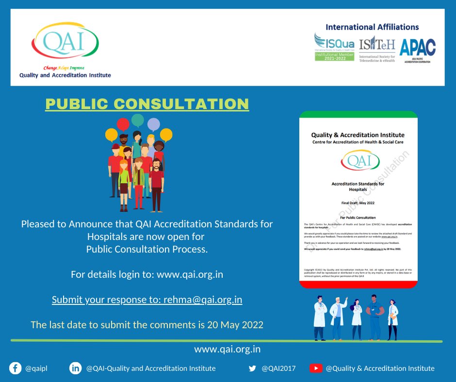 QAI2017's tweet photo. The QAI’s Centre for Accreditation of Health and Social Care (CAHSC) has developed accreditation standards for hospitals. We would appreciate if you could please review the draft Standard and share your feedback - https://t.co/i5yDTcIvuf
#hospitalstandards #publicconsultation https://t.co/jHNDrOQtGa