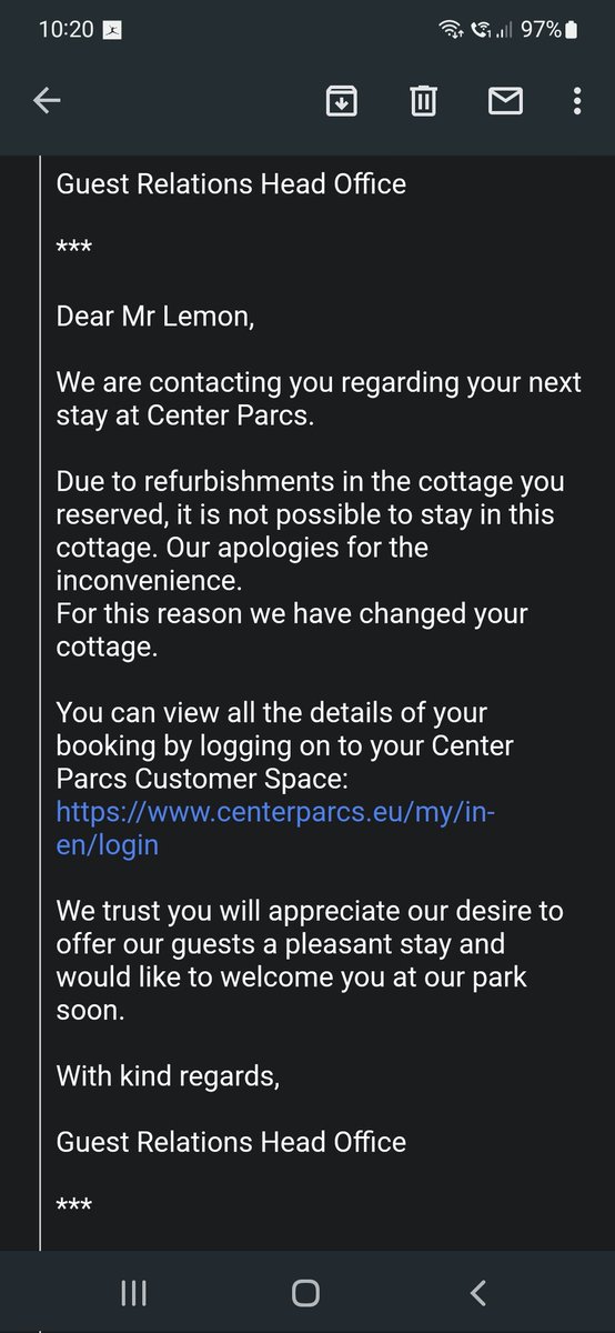 Jifflemon's tweet photo. @centerparcsbe @centerparcsfr So disappointed at disgusting treatment of guest, room chosen due to disability issues no longer available so downgraded to a lower spec at edge of parc,no contact number email from noreply@ email. All we got was an email no call, nothing. No respect https://t.co/MTtFVqruMb
