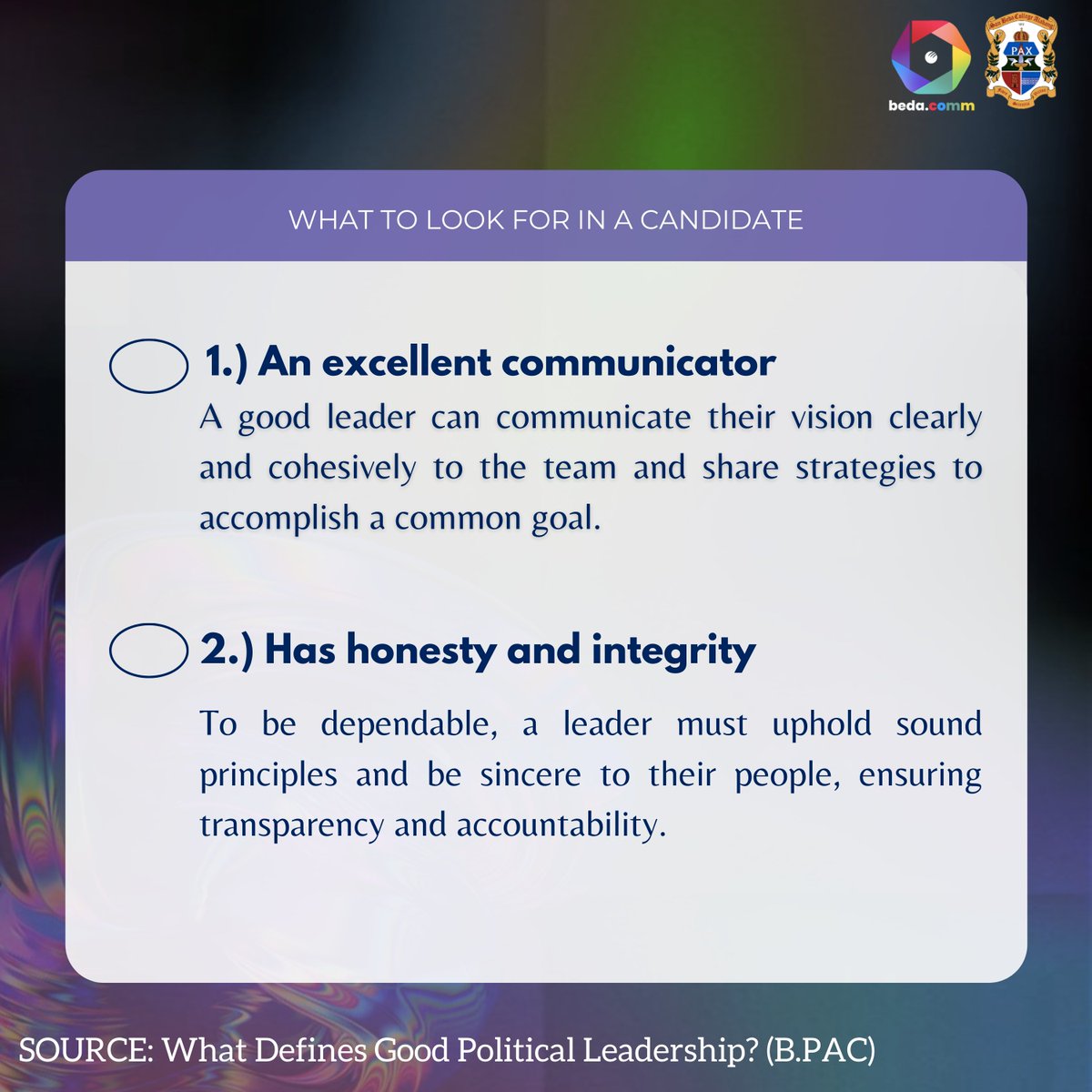 BedaComm's tweet photo. This May 9, 2022, Filipinos will play a crucial part in determining the future of our country. We must vote for leaders who can encourage genuine positive change through competence and integrity. 

#Halalan2022 https://t.co/L020pLQJUe