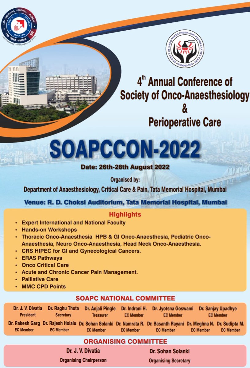 me_sohans's tweet photo. #SOAPCCON2022MUMBAI
4th Annual Conference of Society of Onco-Anaesthesia and Perioperative Care 26-28 August 2022.
Registration Link
https://t.co/jfYzfBJ41r
Abstract Link
https://t.co/1JiT4is0yU
@soapc4 @TataMemorial @ACTREC_TMC @TMC_Varanasi @ragstho @jigidivatia @IJA_web https://t.co/L54GGM3nDU