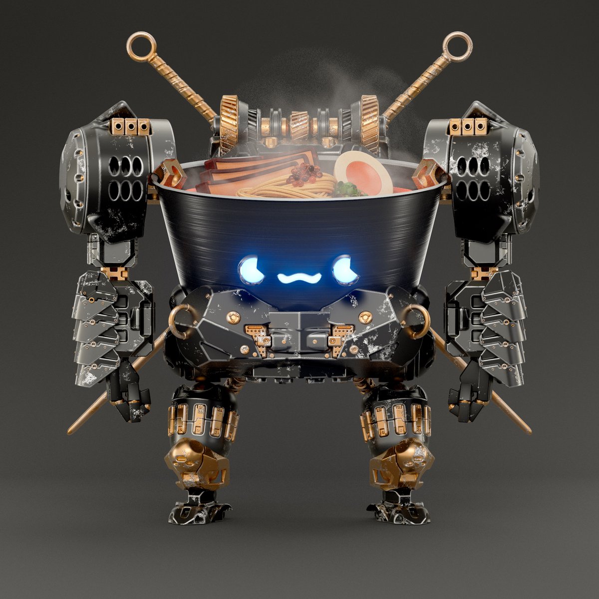 RoboRamenNFT's tweet photo. The noble Robo Ramen warrior will lay down their bowl to ensure bellies are full 🍜 https://t.co/jaJYWibdKk