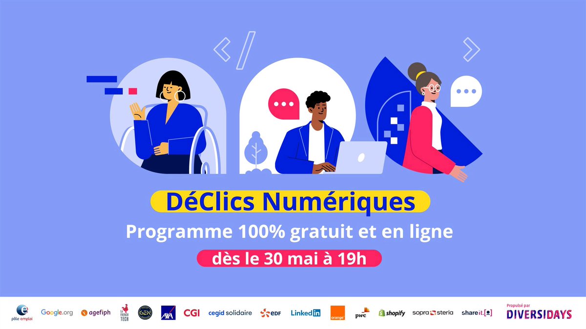 🎬Go‼️Édition"DéClics Numériques" by Diversidays #AvecPôleEmploi 
👉Du 30/05 au 10/06
👉💯% gratuit et en ligne
📢C'est ici👇 lnkd.in/eXACR86E
#TousMobilisés avec les acteurs des Territoires 👉faciliter #orientation #reconversion des #talents vers les #métiers Numériques