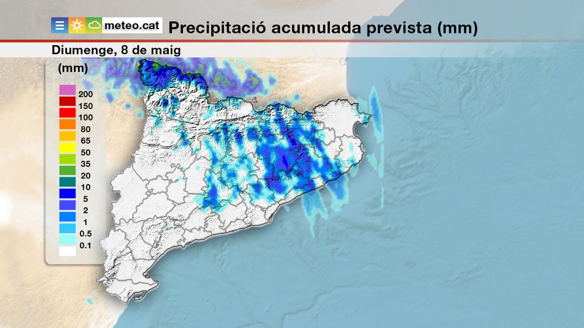 meteocat's tweet photo. Demà diumenge s'esperen ruixats a punts del nord i est del territori on s'iniciaran poc abans de migdia; de forma local també podran afectar a punts del litoral nord. https://t.co/f2csmTZzn5