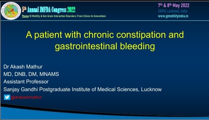 drakashmathur's tweet photo. Glad to have the opportunity to present an interesting case of a young female with chronic constipation &amp; gastrointestinal bleeding in the 5th Annual IMFDA Congress. Many congratulations to the organising committe for organising this amazing meeting. #IMFDA #DGBI #GIEdu #MedEdu https://t.co/WI2OF3DaRD