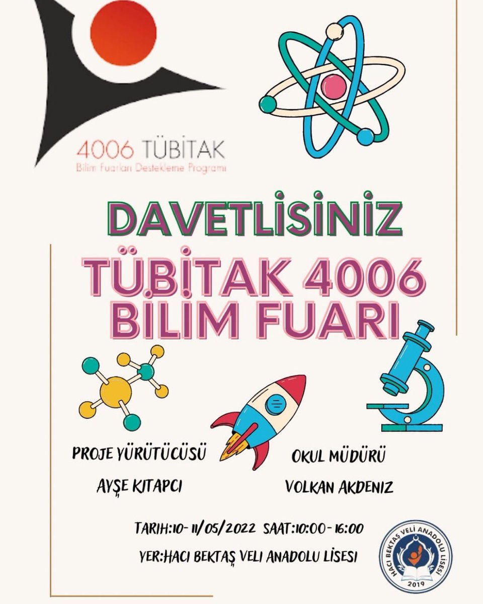 HBVALOGRENCIPLT's tweet photo. 10 Mayıs 2022 saat 13.00 da Okul öğrencilerimiz ve öğretmenlerimiz tarafından hazırlanan projelerimizin sunulacağı Tübitak Bilim Fuarında sizleri de aramızda görmekten mutluluk duyarız.
@KucukcekmeceMeb
@muratgozudok1
@Tubitak 
@KcekmeceKymklik https://t.co/fyj3j9QfV7