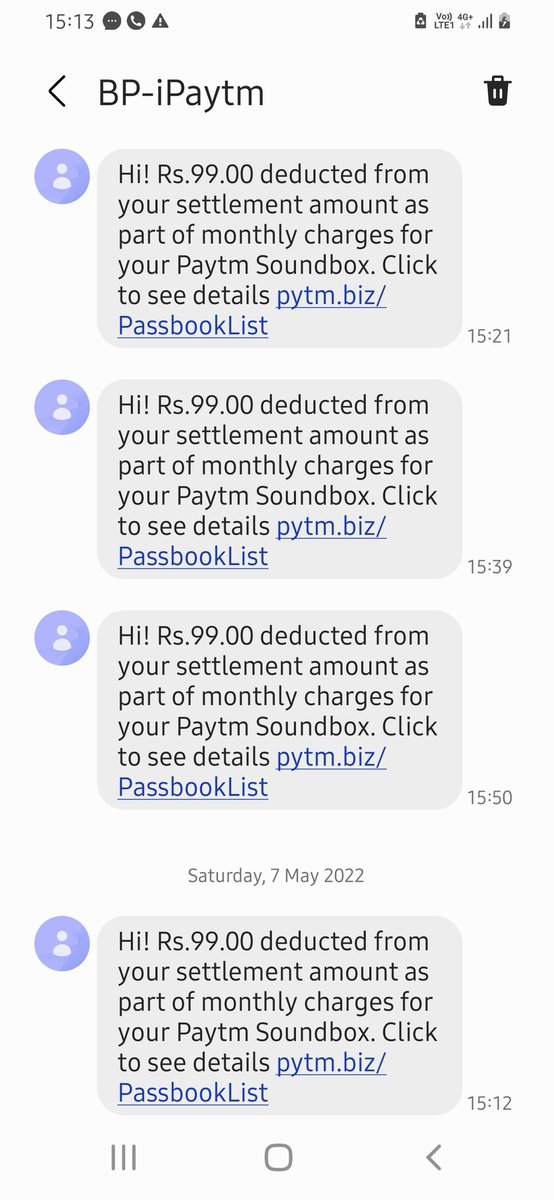 SumitSJamwal's tweet photo. Shame on you @PaytmBusiness 
No resolution to the complaint, but your deduction messages keep pouring in for a stupid soundbox that was returned over an year ago.

#paytmfraud #paytmscam #Paytm https://t.co/WITukwvAW8
