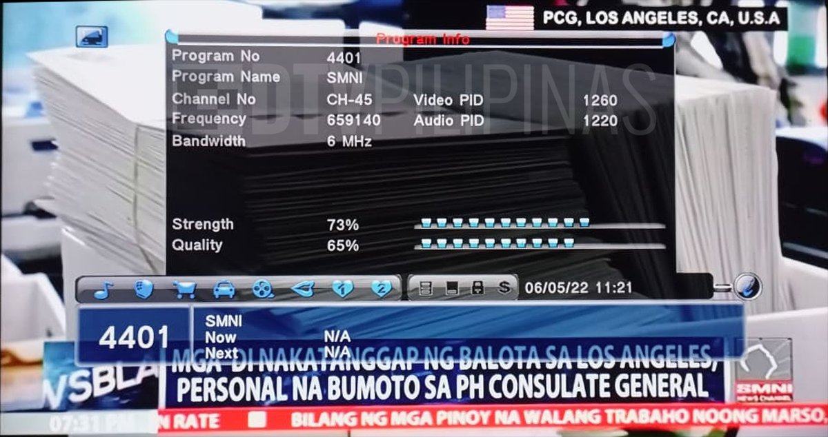 DTVPilipinas's tweet photo. #DTVph Update: @smninews launches their DTT broadcast in North-Central Luzon, reaching Pangasinan and Baguio areas.

At the moment, SMNI is the only channel on UHF 45 (659.143MHz).

#SHIFTtoDTVph #DigitalTVPH #DTVPilipinas #SonshineMedia #SMNI https://t.co/YiDN5yrTz8