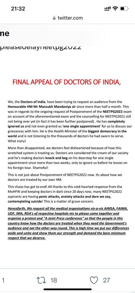 DrVijaymk14's tweet image. #POSTPONENEETPG2022_MODIJI
@PMOIndia @narendramodi @AmitShah @aajtak 
Still counseling in process and neet pg 2022 on 21 may so please postpone neet pg