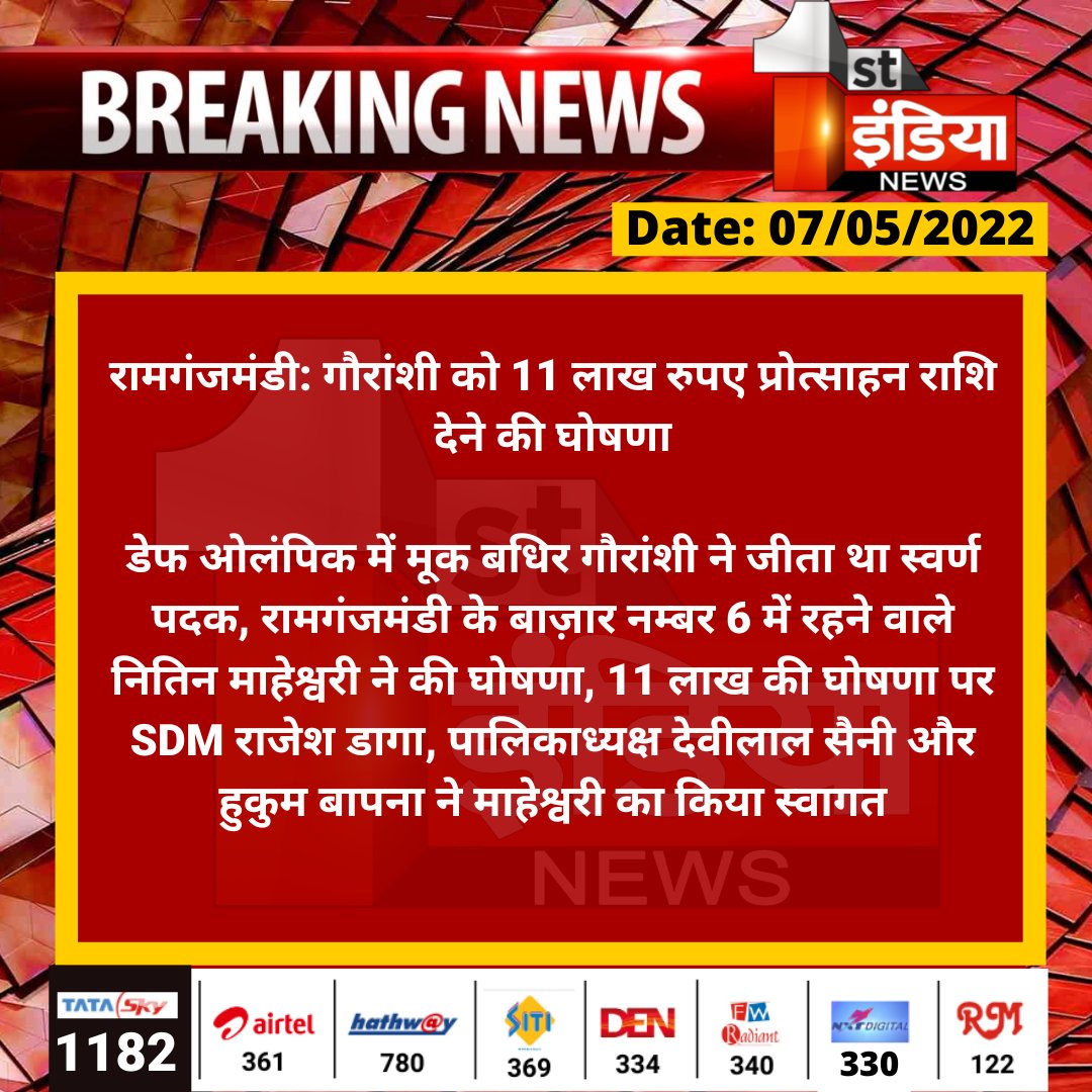 1stIndiaNews's tweet photo. #Kota #रामगंजमंडी: गौरांशी को 11 लाख रुपए प्रोत्साहन राशि देने की घोषणा

डेफ ओलंपिक में मूक बधिर गौरांशी ने जीता था स्वर्ण पदक, रामगंजमंडी के बाज़ार नम्बर 6 में रहने वाले नितिन माहेश्वरी ने की घोषणा, 11 लाख की घोषणा पर SDM राजेश डागा...
@Dcdmkota https://t.co/SLpmBgD0Cc