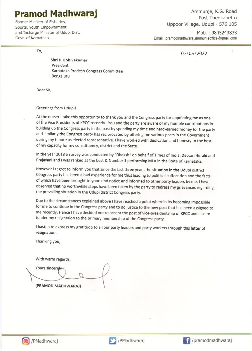PMadhwaraj's tweet photo. My Resignation to Congress Party https://t.co/SIoVGYaMEN