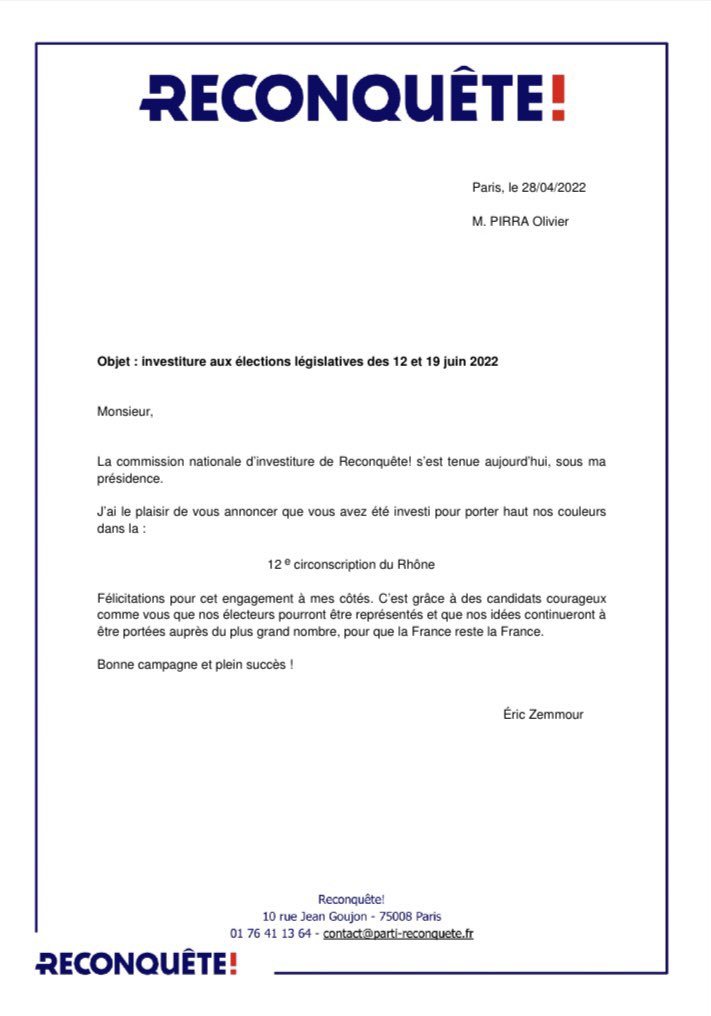 OlivierPIRRA's tweet photo. 🇫🇷 Très honoré d’être investi aux #Legislatives2022 sur la 12eme circo du Rhône pour l’#UnionDesDroites menée par @ZemmourEric et @Reconqueteoff !
Merci à @jfpoisson78 et @via_officiel pour leur confiance et aux partis alliés @MvtConservateur et @CNIP_FR pour leur soutien ! https://t.co/nlDMoxGj0S