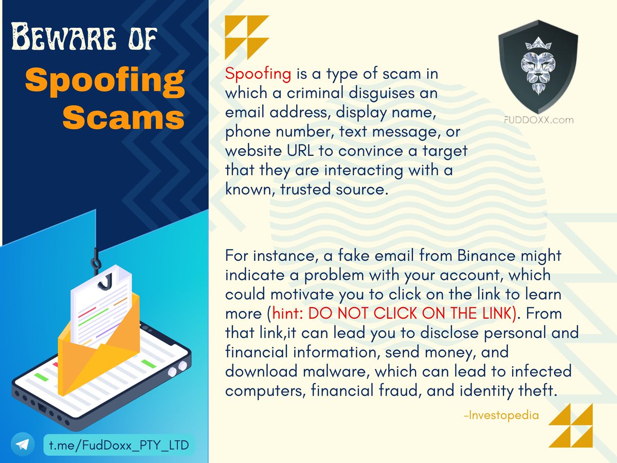 fuddoxx's tweet photo. Scammers try to manipulate people into giving away their personal info.

Be suspicious of any request for your information,  download files only from trusted sources, &amp; install reputable antivirus &amp; antimalware software.

#Fuddoxx
#safety #Blockchain #Altcoins #Bitcoin #BNB #BSC https://t.co/IkqBbh1oJe
