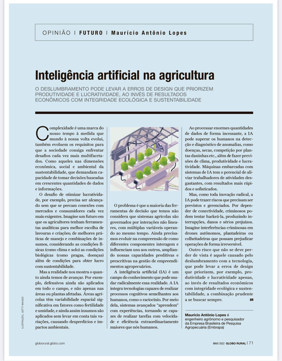 Agro4Future's tweet photo. Compartilho o artigo de opinião "Inteligência artificial na agricultura", publicado na Coluna Futuro, edição de maio 2022 da Revista Globo Rural.
#agricultural #inteligenciaartificial #tecnologia #ia #ai #machinelearning #artificialintelligence #bigdata #technology #deeplearning https://t.co/q11rJPf9r9