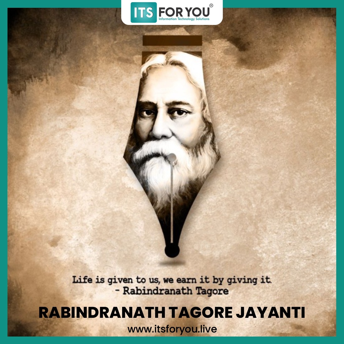 ITSFORYOU_LIVE's tweet photo. "Life is given to us, We earn it by giving it". - Rabindranath Tagore

 Rabindranath Tagore Jayanti 

#RabindranathTagoreJayanti #RabindranathTagore #RabindraJayanti #NobelPrize #Shantiniketan #Gitanjali #literature #poet   #rabindranathtagorequote #bestahead #ITSFORYOU https://t.co/uUNCgdfpzD
