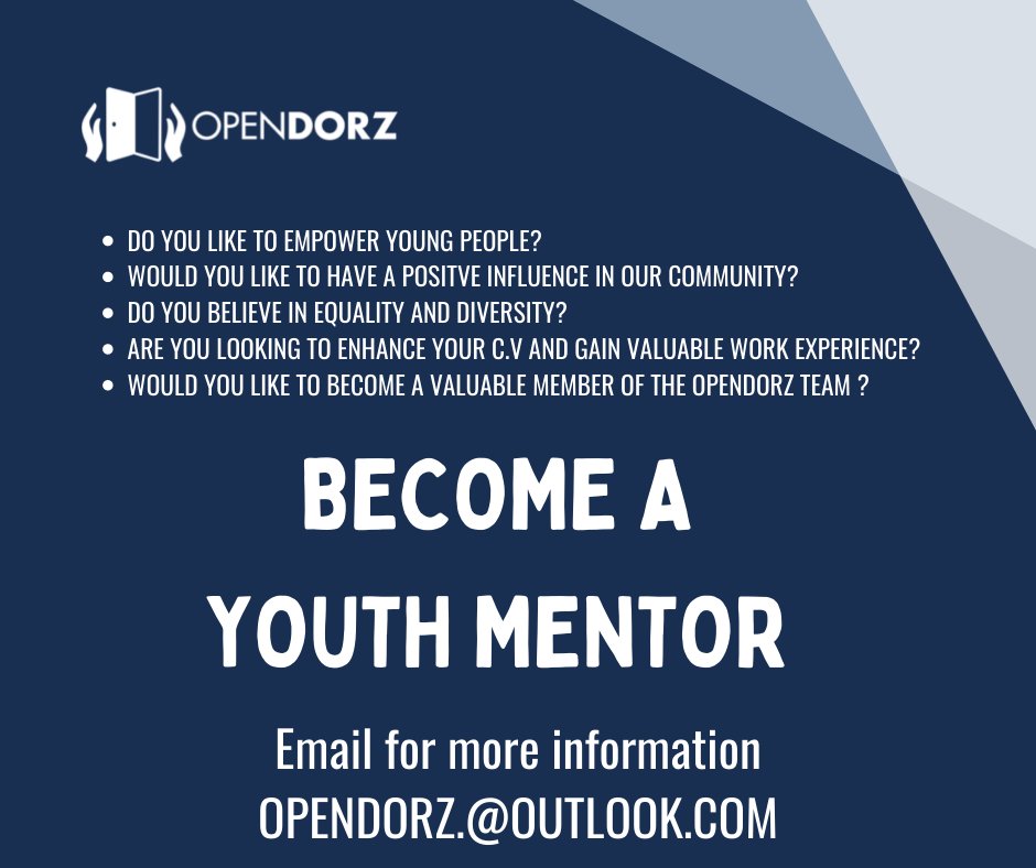 Become a youth mentor, and join an amazing team of likeminded people👍

Empower young people and fulfil your passion 🧡

Email Opendorz@outlook.com and get you signed up (Subject to disclosure and Barring, all training will be provided no experience necessary)