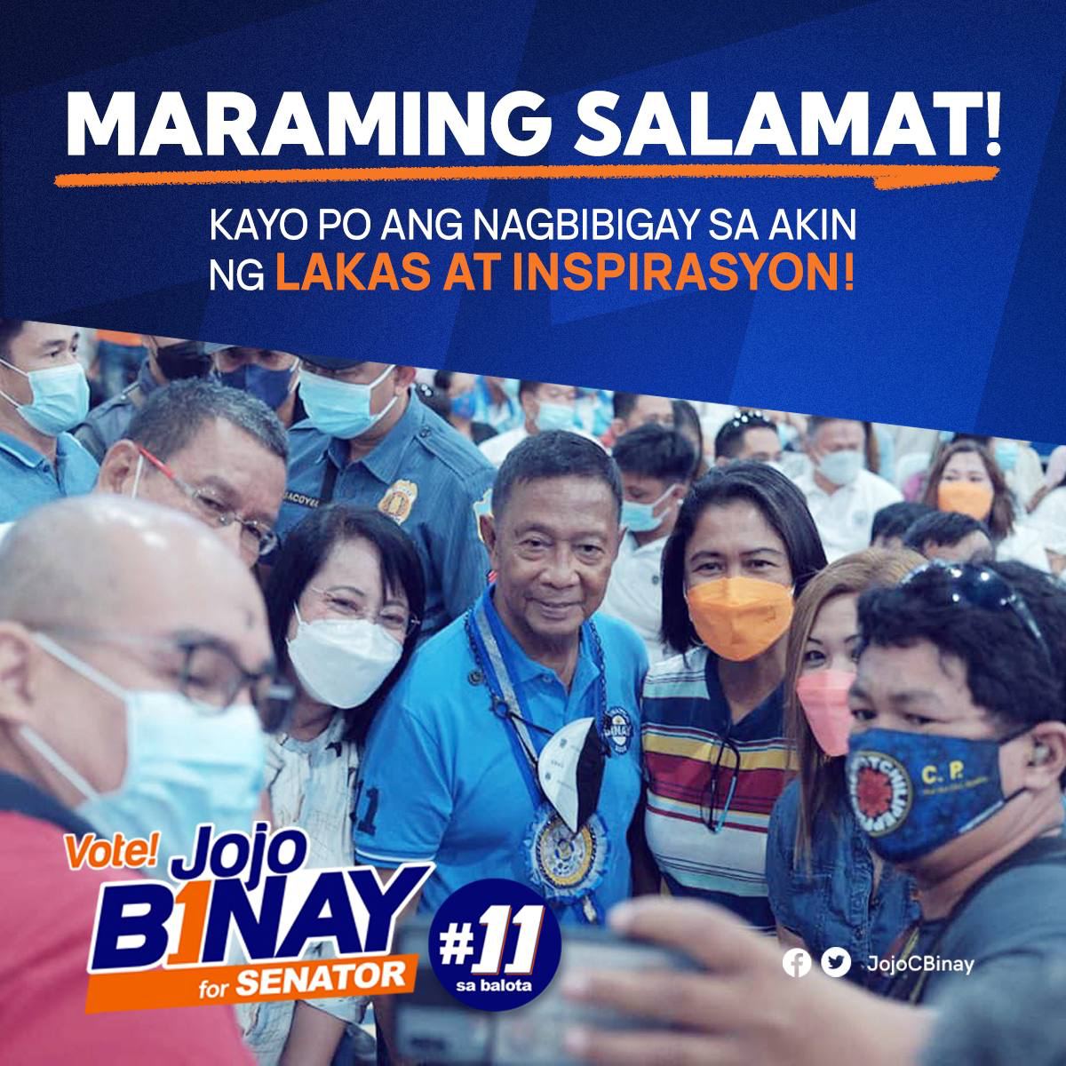 Salamat po sa lahat ng ating mga kababayan sa iba't ibang parte ng bansa na ngpakita ng kanilang pgmamahal at suporta. Kayo po ang ngbbgay ng lakas at inspirasyon sa akin na magpatuloy sa aking pagsilbi sa bayan.
#BinayThereDoneThat 
#Binay11SaBalota
#OnlyBinay