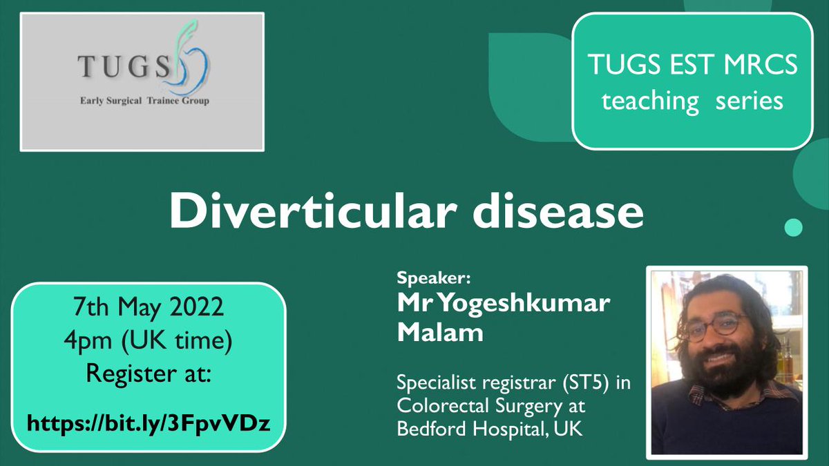 TUGS Early Surgical Trainees (@tugsestgroup) on Twitter photo We look forward to you joining us today at 4pm (UK time) for the seventh TUGS EST MRCS revision lecture on Diverticular disease, delivered by <a href="/yogeshmalam1/">Yogeshkumar Malam</a> , a specialist registrar (ST5) in Colorectal Surgery at Bedford Hospital, UK. Please register here bit.ly/3FpvVDz We look forward to you joining us today at 4pm (UK time) for the seventh TUGS EST MRCS revision lecture on Diverticular disease, delivered by <a href="/yogeshmalam1/">Yogeshkumar Malam</a> , a specialist registrar (ST5) in Colorectal Surgery at Bedford Hospital, UK. Please register here bit.ly/3FpvVDz