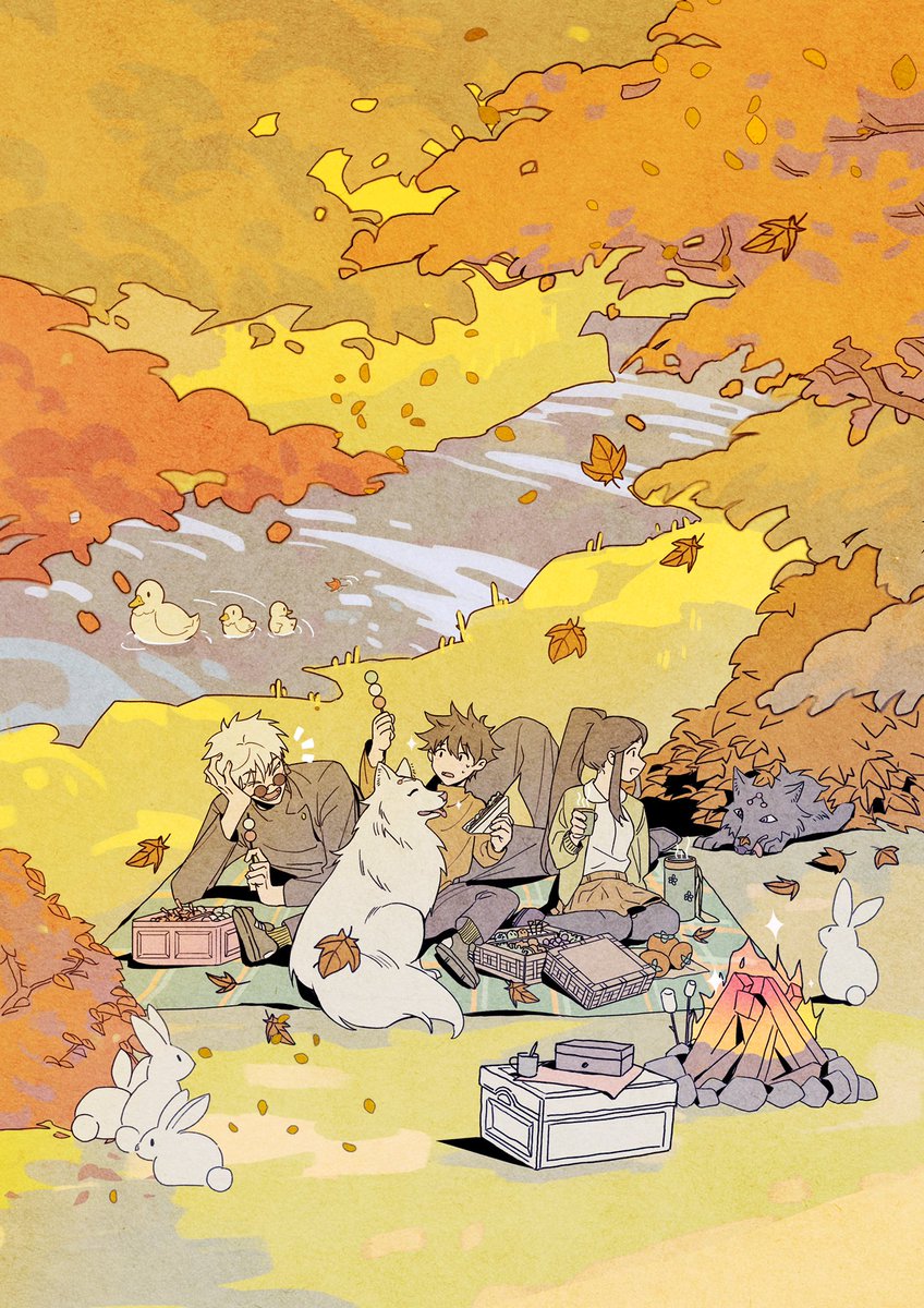 multiple boys food autumn leaves holding animal rabbit dango  illustration images