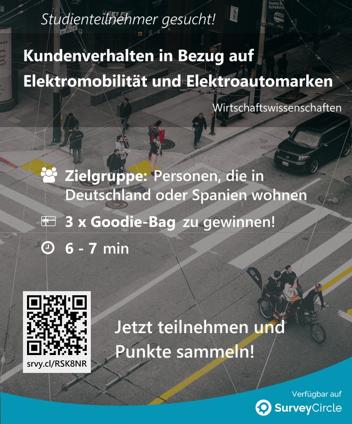 SurveyCircle's tweet photo. Teilnehmer gesucht für top-platzierte Online-Studie:
"Kundenverhalten in Bezug auf Elektromobilität und Elektroautomarken" https://t.co/CorzOXpVtu via @SurveyCircle
#elektromobilität #autos #automarken #elektroautos #innovation #technik #esb #umfrage … https://t.co/qqBr4zMXrq