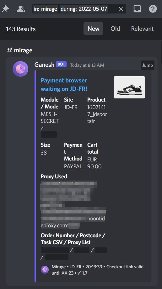dicky (@dicky_227) on Twitter photo first time running Mirage.not bad
group <a href="/Porncook/">Porncook Mafia</a> <a href="/Goodfellas_Club/">Goodfellas</a> <a href="/Alerts_success2/">AlertsJP success</a> <a href="/TheOilEdu/">TheOilEdu</a> <a href="/PulseAIO/">Pulse</a> <a href="/polarchefs/">Polar Chefs</a> @SofloSupply
proxy <a href="/NoontideProxies/">Noontide Proxies</a>
bot @MirageBots first time running Mirage.not bad
group <a href="/Porncook/">Porncook Mafia</a> <a href="/Goodfellas_Club/">Goodfellas</a> <a href="/Alerts_success2/">AlertsJP success</a> <a href="/TheOilEdu/">TheOilEdu</a> <a href="/PulseAIO/">Pulse</a> <a href="/polarchefs/">Polar Chefs</a> @SofloSupply
proxy <a href="/NoontideProxies/">Noontide Proxies</a>
bot @MirageBots