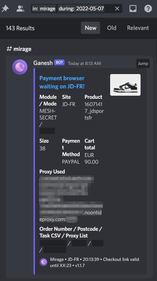 first time running Mirage.not bad group @Porncook @Goodfellas_Club @Alerts_success2 @TheOilEdu @PulseAIO @polarchefs @SofloSupply proxy @NoontideProxies bot @MirageBots