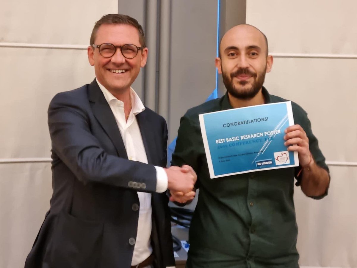 Cardio_KULeuven's tweet photo. Department Event yesterday. PhDs and postdocs presented their research by posters. Matthias Engelen won 'best clinical poster' for his research into blood clots in Covid-19. Mohamad Youness won 'best basic poster' for his research on cardiomyopathy #postdoc #departmentevent #PhD https://t.co/RgVpdIy8W0
