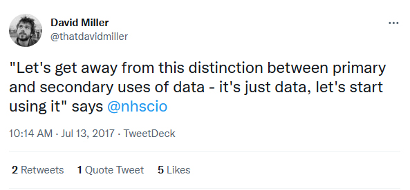 EinsteinsAttic's tweet image. &apos;#TargetArchitecture&apos; is dated 13 July 2017, the day after Gov’t policy on implementing opt outs was announced, the same day NHSE&apos;s then-CIO Will Smart said: &quot;Let&apos;s get away from this distinction between primary and secondary uses of data - it&apos;s just data, let&apos;s start using it.&quot;