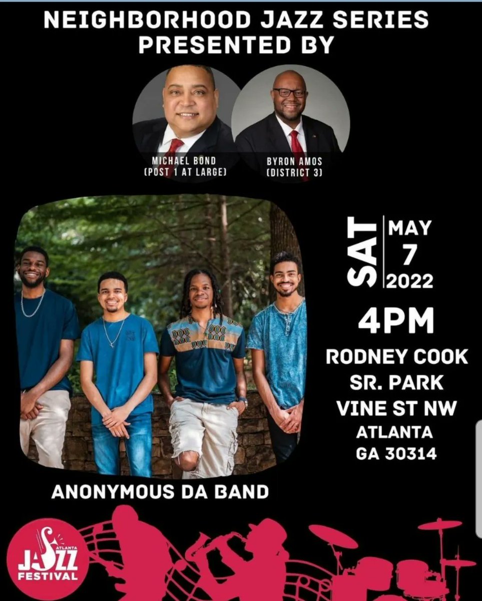 AtlantaJazzFest's tweet photo. Celebrate the #ATLJazzFest 's #31DaysofJazz this weekend with FREE Neighborhood Jazz concerts! Come out to Cook Park for @Anonymousdaband on Sat, 5/7 &amp; Westside Park on Sun, 5/8 for @Groove_centric . Concerts are from 4 pm - 7 pm. https://t.co/tCMasNcKyI

#atlanta #thingstodo https://t.co/CGaiVgY9Kp