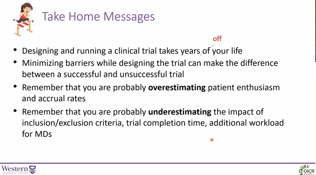 How to make clinical trials succeed? Absolute masterclass in clinical trial delivery by <a href="/drdavidpalma/">David Palma, MD, PhD</a> at #ESTRO2022. Most of these have been hard won lessons for me; others are ‘poorly kept secrets’ amongst clinical trialists (e.g. the misestimates of recruitment rates!) #radonc