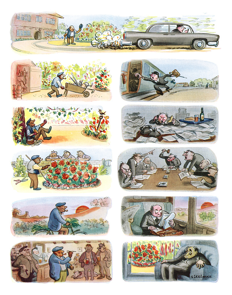 Still #NationalGardeningWeek! By popular demand here's William Sillince's wonderful sequence on the benefits of gardening vs the commuting rat race. PUNCH cartoon 1960 #gardens #gardeners #business #wellbeing #lifestyle #commuters