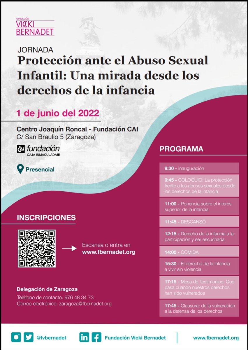 𝟭 𝗱𝗲 𝗰𝗮𝗱𝗮 𝟱 menores sufre algún tipo de abuso sexual infantil.

🟢 JORNADA: Una mirada desde los derechos de la infancia
📅 1 de junio
📍 Fundación CAI | Zaragoza

📲 Inscríbete: bit.ly/39qwl0q

Por un futuro libre de abusos sexuales infantiles.