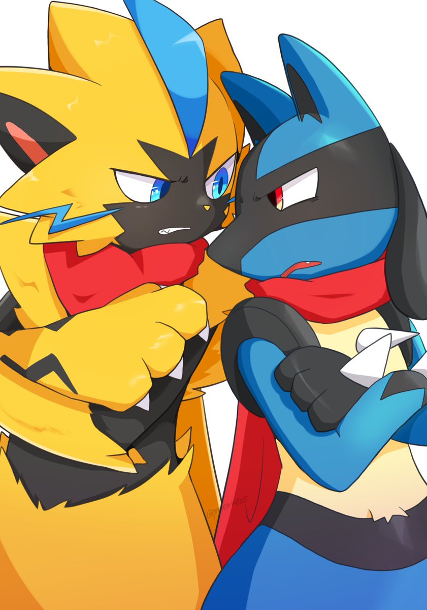 lucario eye contact pokemon (creature) furry looking at another furry male blue eyes red eyes  illustration images